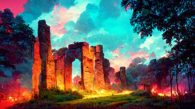 forest with stone sculpture, death and life