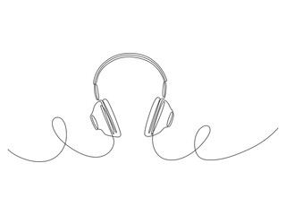Headphones continuous line art. Hand drawing music gadget symbol. Vector isolated on white.