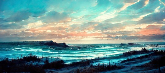 Fototapeta na wymiar Watercolor style late afternoon north Atlantic beach shoreline with strong windy ocean waves - stormy overcast clouds. Beautiful panoramic seascape in turquoise blue tint.