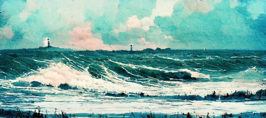 Watercolor style north Atlantic shoreline with strong windy ocean waves and jagged rocks with lighthouse - stormy overcast clouds. Beautiful panoramic seascape in turquoise blue tint. 