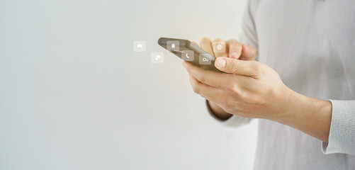 close up young man hand hold smartphone use application to communicate with other for technology and lifestyle concept