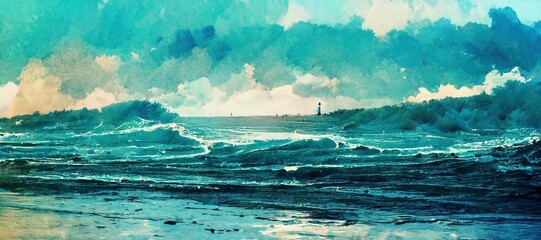 Watercolor style north Atlantic shoreline with strong windy ocean waves and jagged rocks with lighthouse - stormy overcast clouds. Beautiful panoramic seascape in turquoise blue tint. 