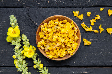 Herbal medicine tea powder made of Verbascum thapsus, the great mullein, greater mullein or common...