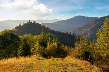 Obraz premium mountainous countryside in autumn. forest in colorful foliage on the hills. mountain range in the distance beneath a sky with beautiful cloudscape. wonderful nature landscape in afternoon light
