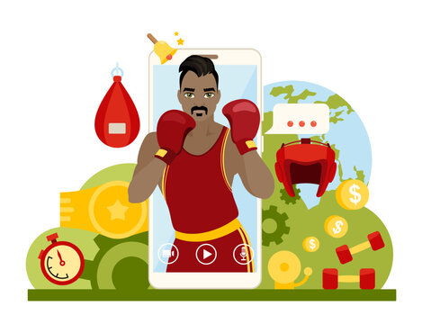 Online Broadcast Of A Boxing Match. Young African American Boxer On Phone Screen Wearing Gloves. Remote Virtual Viewing Of A Sporting Event. Flat Vector Illustration.