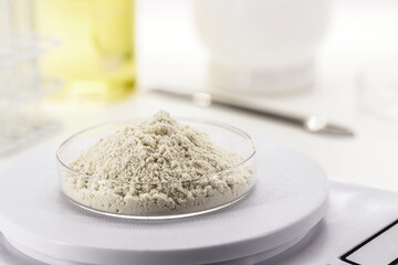 coloring pigments, colored iron oxide, in petri dish, laboratory, precision balance, industrial use
