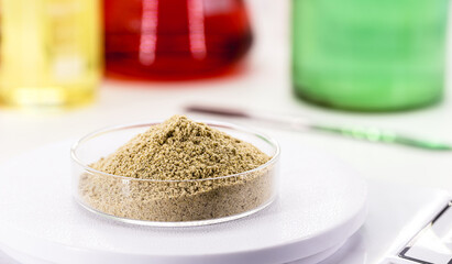coloring pigments, colored iron oxide, in petri dish, laboratory, precision balance, industrial use
