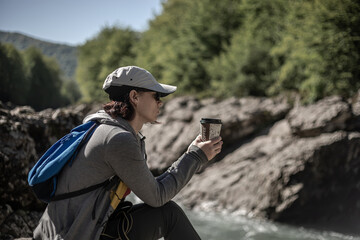 A beautiful girl is sitting on the stones with a glass of coffee. The girl is drinking coffee. Girl in the mountains. Sunny morning.