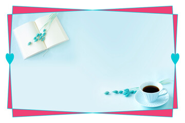 コーヒーと開いた白いページとターコイズブルーのドライフラワーの花束のハート・フレーム（ブルーバック）
