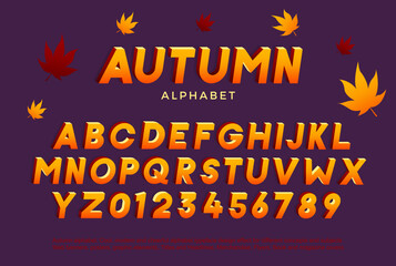 Autumn alphabet typeface. Vector retro font. Modern typography brown, red and orange. 3d block shape with color. Seasonal autumn retro and modern subjects