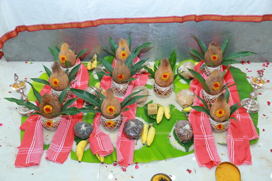 Bangalore, India 8th June 2022: Graha Pravesh. Grah or gruh Pravesh is a Hindu ceremony performed on the occasion of an individual's first time entering their new home. Hindu Hawan pooja Rituals.  