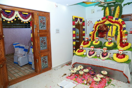 Bangalore, India 8th June 2022: Graha Pravesh. Grah or gruh Pravesh is a Hindu ceremony performed on the occasion of an individual's first time entering their new home. Hindu Hawan pooja Rituals.  