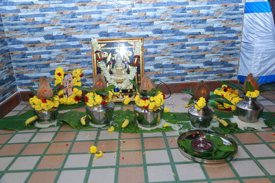 Bangalore, India 8th June 2022: Graha Pravesh. Grah or gruh Pravesh is a Hindu ceremony performed on the occasion of an individual's first time entering their new home. Hindu Hawan pooja Rituals.  