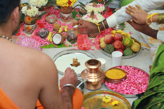 Bangalore, India 8th June 2022: Graha Pravesh. Grah or gruh Pravesh is a Hindu ceremony performed on the occasion of an individual's first time entering their new home. Hindu Hawan pooja Rituals.  