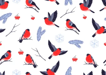 Deurstickers Vlinders Winter seamless pattern with birds bullfinches and plants. Merry Christmas and Happy New Year card.