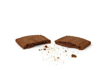Square chocolate shortbread cookies on white background.