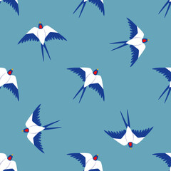 Children s seamless pattern with the image of a swallow on a blue background. Perfect for kids clothing, fabric, textiles, baby jewelry, wrapping paper.