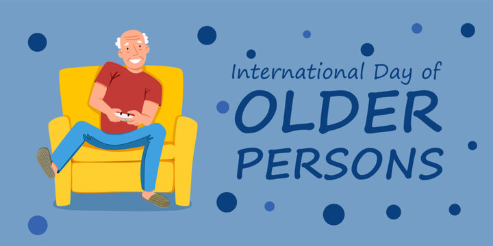 international Day of the Elderly. An elderly man plays computer games sitting on a chair. Flat vector illustration in cartoon style.