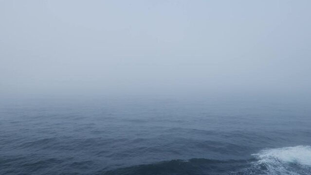 Gentle waves on dark ocean fade into dense fog