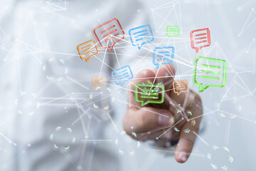  touching 3D rendering flying email icon with his fin