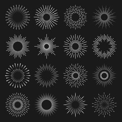 Vector set of round white rays on black background for web design and internet.