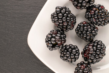 A few sweet blackberries with a white ceramic saucer on a slate stone, close-up, top view.
