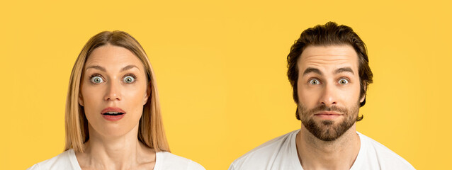 Surprised funny millennial caucasian man with stubble and female in white t-shirts looks at camera