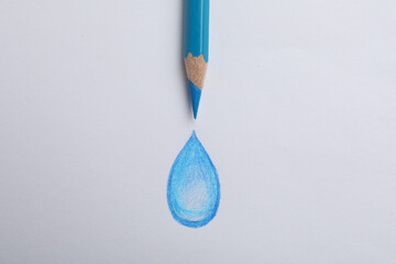 Drawing of water drop and light blue pencil on white background, top view