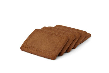 Square chocolate shortbread cookies on white background.