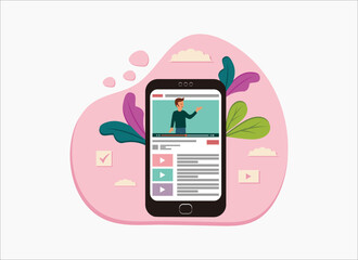 Blogger in handphone. Smiling man on review or vlog, flat design illustration