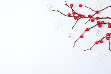 Winter composition with decorative branches on white background, top view
