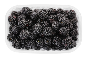 Tasty ripe blackberries in plastic container isolated on white, top view