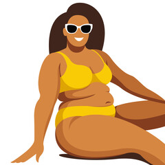 vector image on the theme of body positivity. a curvy plump girl sits in yellow underwear and is not shy by belly rolls and the fat folds on her body. isolated on white background. love your body. - obrazy, fototapety, plakaty