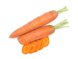 Tasty ripe organic carrots on white background, top view