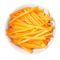 Bowl of delicious carrot sticks isolated on white, top view