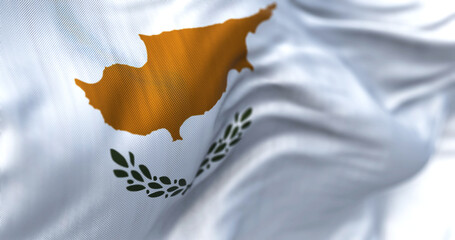 Close-up view of the cypriot national flag waving in the wind - obrazy, fototapety, plakaty