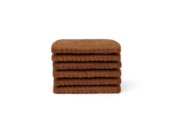 Square chocolate shortbread cookies on white background.