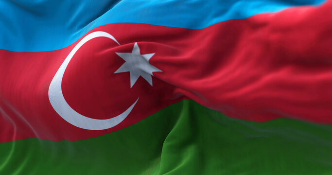 Close-up view of the azerbaijani national flag waving in the wind