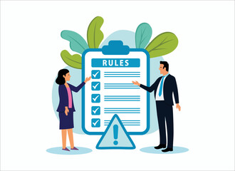Rules and regulations, policy and guideline for employee to follow, businessman finish writing rules and regulations document, Modern Flat Illustration.