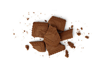 Square chocolate shortbread cookies on white background.