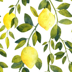 Watercolor seamless pattern with illustrations lemons tree, bransh and green leaves. Watercolor hand-drawn fruit lemon background. Organic healthy food background, for your design and decor