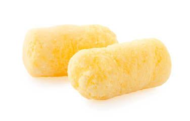 Tasty puffy corn puffs on white background