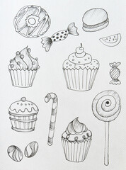 drawing of cupcakes and candies