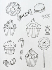 drawing of cupcakes and candies