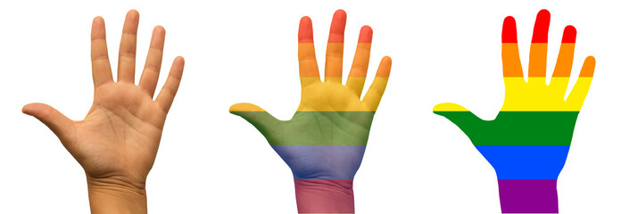 Manos con colores de la diversidad y arco&iacute;ris con fondo transparente