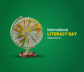 International Literacy Day concept 3d illustration of open book with alphabet letters and earth. Children education background or learning event concept.