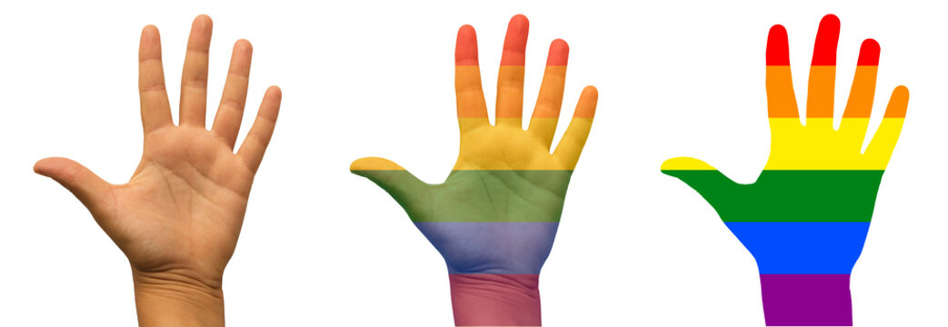 Manos con colores de la diversidad y arco&iacute;ris con fondo transparente