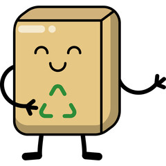 Paper eco box for badges, logos, stickers in kawaii style. Flat png cartoon cute funny illustration. Environmental protection, recycling, saving the planet, eco-friendly packaging. Emotion, embrace.