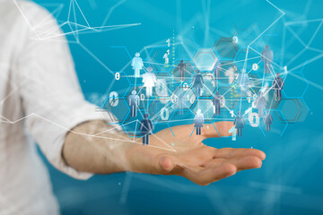 holding 3D rendering group of blue people