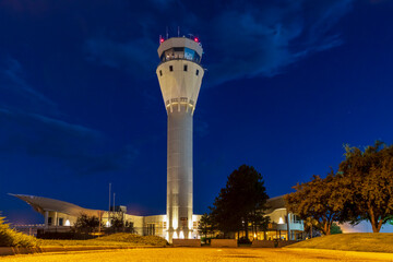 Air Traffic Control Tower at Centennial airport in Denver, Colorado, at night
